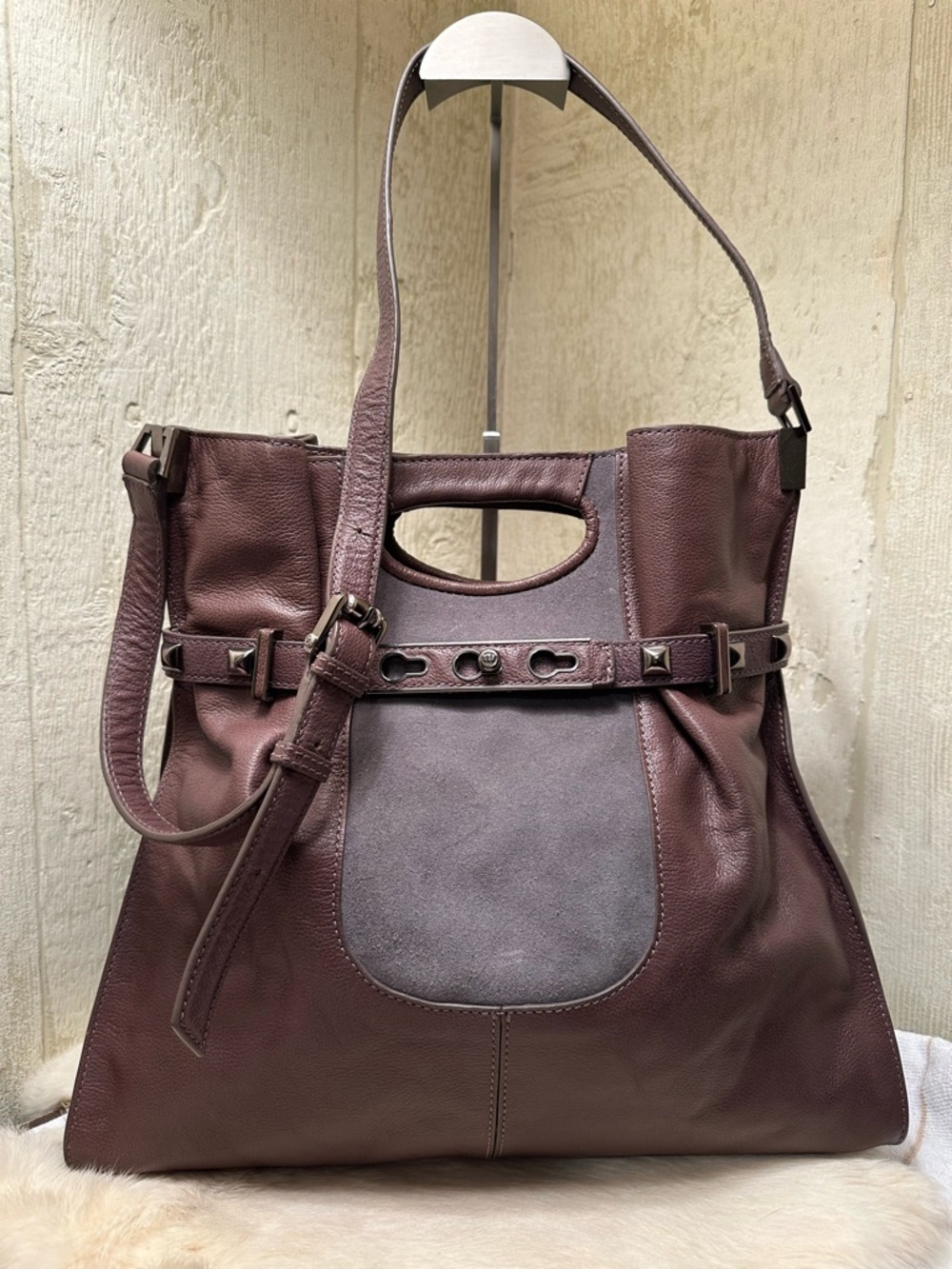 Henri Bendel Brown Gray Leather Suede Bag with COA